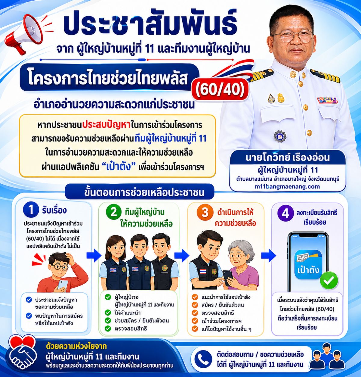 📢 ประชาสัมพันธ์จากผู้ใหญ่บ้านหมู่ที่ 11 ตำบลบางแม่นาง  ตามนโยบาย “โครงการไทยช่วยไทยพลัส (60/40)”